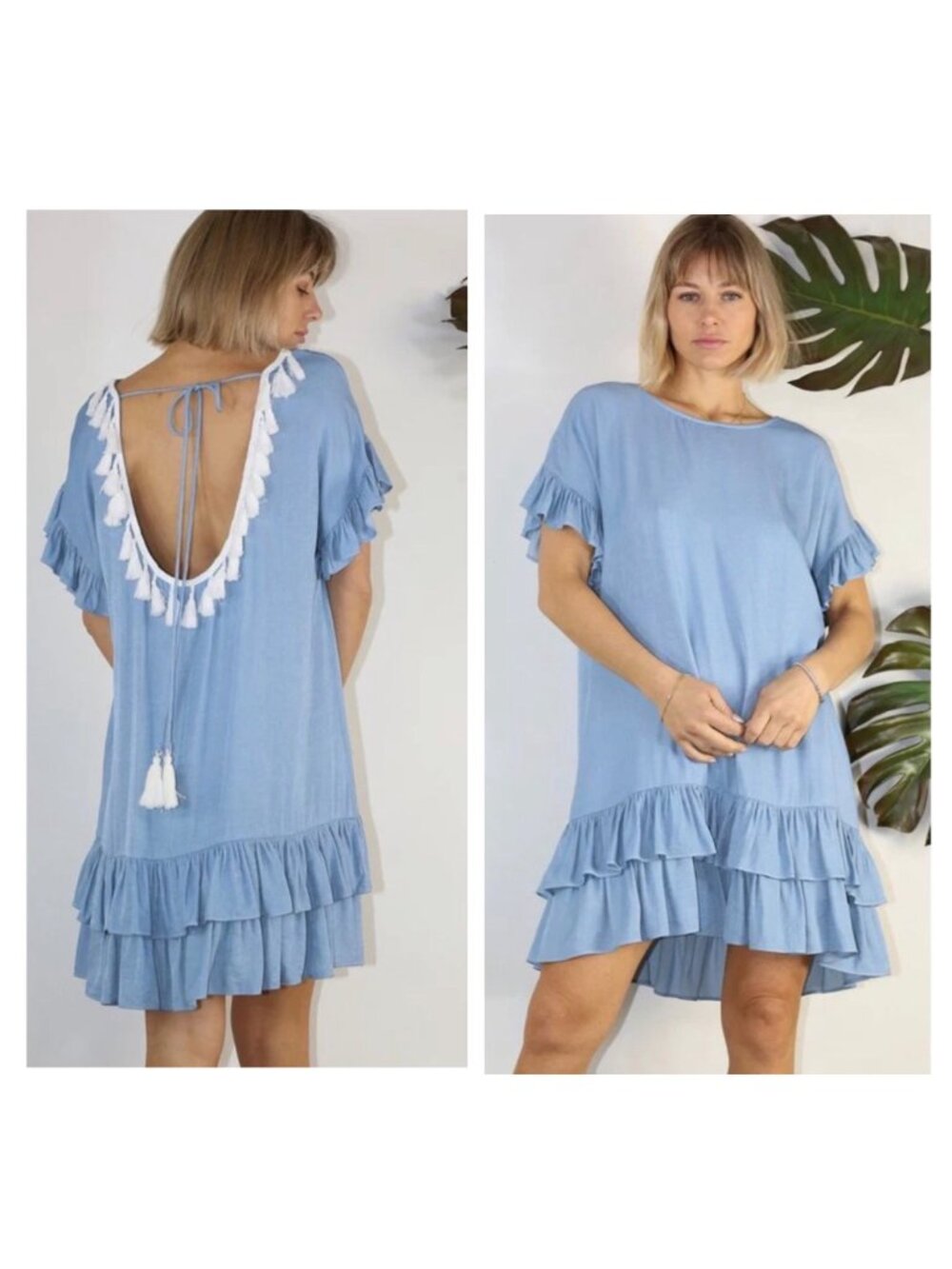 Mulla Fringe Ruffles Tunic Mini Dress Large Blue Tassel Scoopback Bohemian Resor